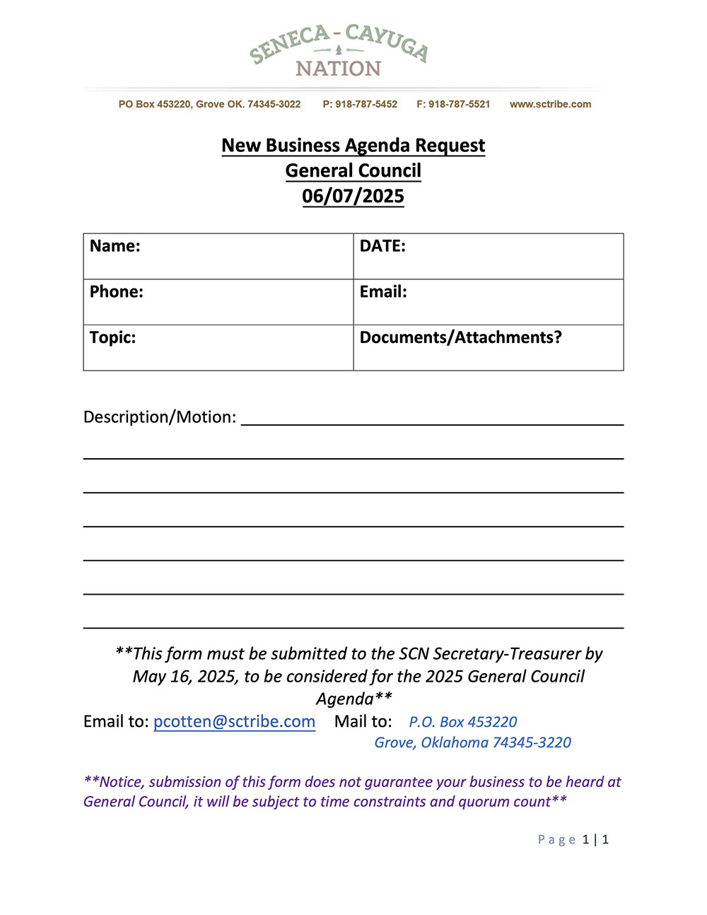 New Business Agenda Request 2025