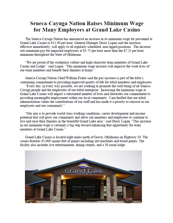 Grand Lake Casino Raises Minimum Wage at Grand Lake Casino