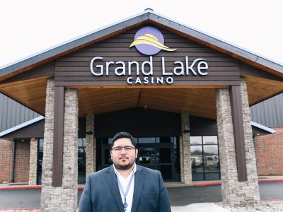 Image of Nicholas Birdsong Standing in front of Grand Lake Casino