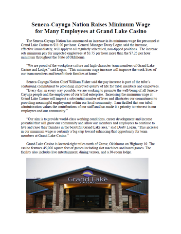 Seneca-Cayuga Nation Raises Minimum Wage at Grand Lake Casino